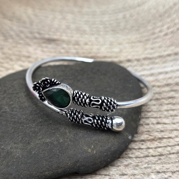 Oxidized Silver-Look Bangle with Red Stone