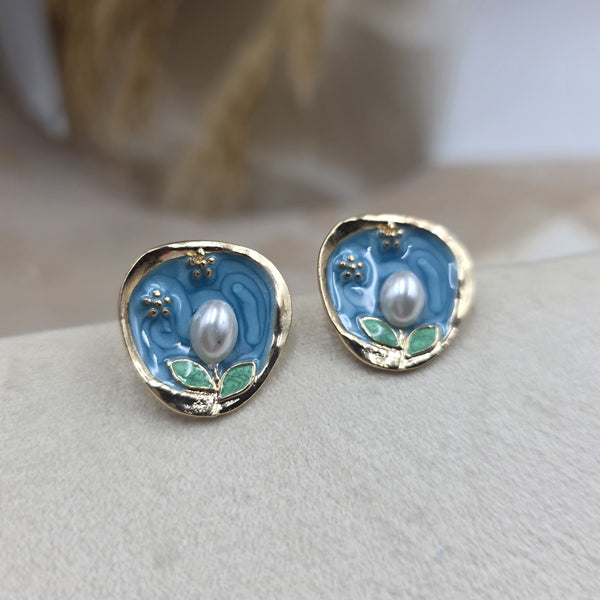 Enamel and Pearl Stud Earrings
