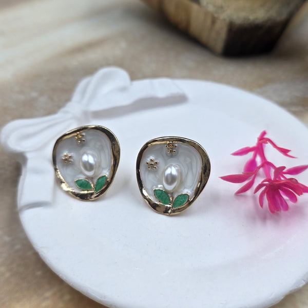 Enamel and Pearl Stud Earrings