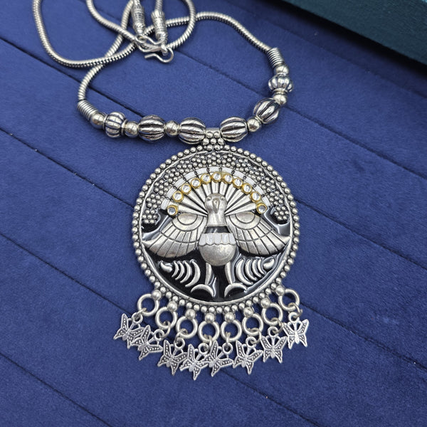 stylized peacock silver-toned metal necklace