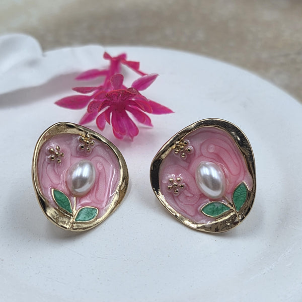 Enamel and Pearl Stud Earrings