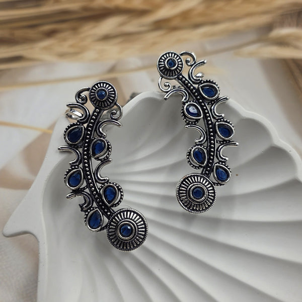 Oxidized Silver-Look Ear Cuffs with Blue Stones