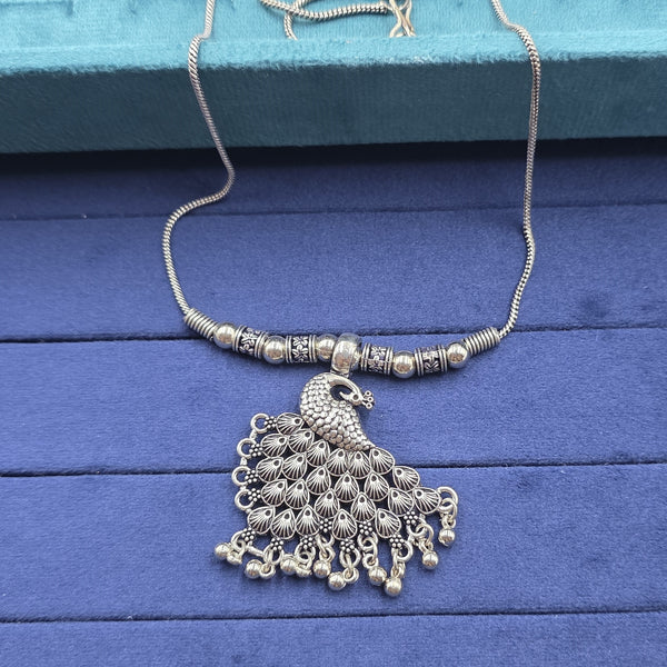 oxidized silver or silver-tone metal necklace peacock pendant.